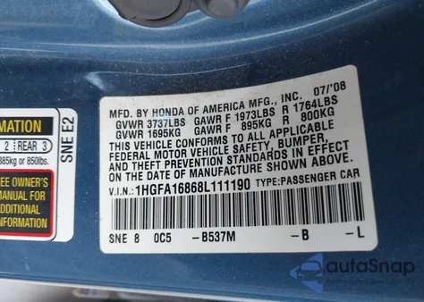 2008 Honda Civic Ex from USA, damaged, VIN 1HGFA16868L111190